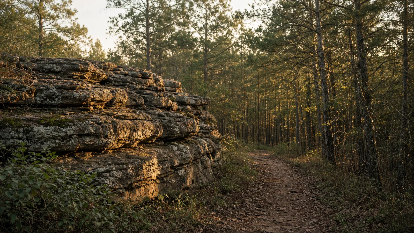 Empty Tishomingo State Park sandstone outcrop and empty forest path, Tishomingo County, Mississippi