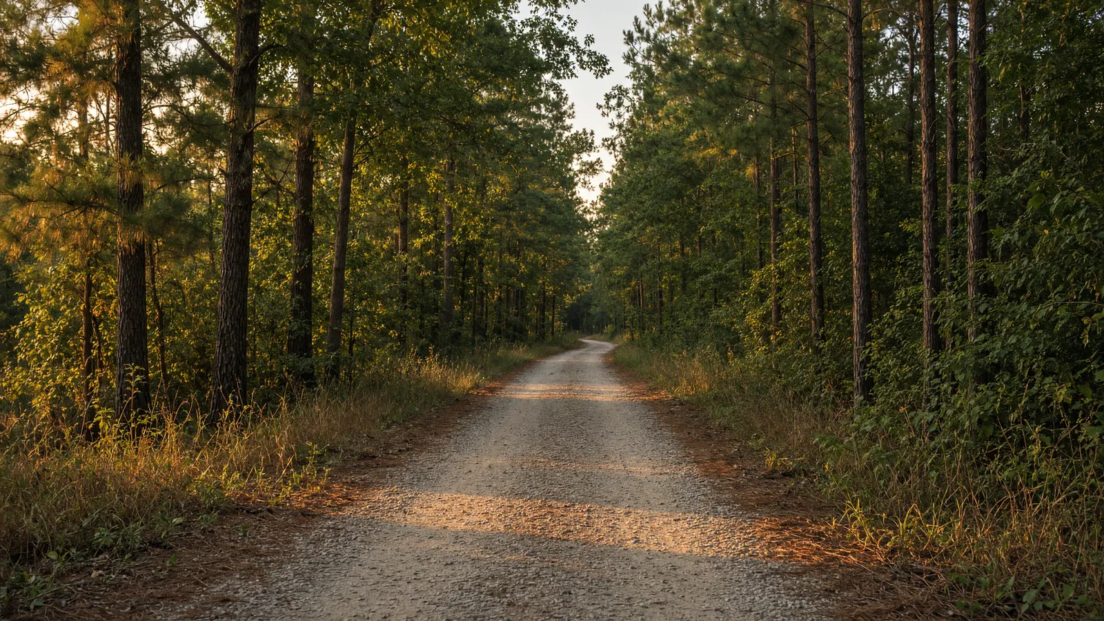 Empty Tanglefoot Trail crushed-stone rail-trail through mixed pine and hardwood near New Albany, Union County, Mississippi
