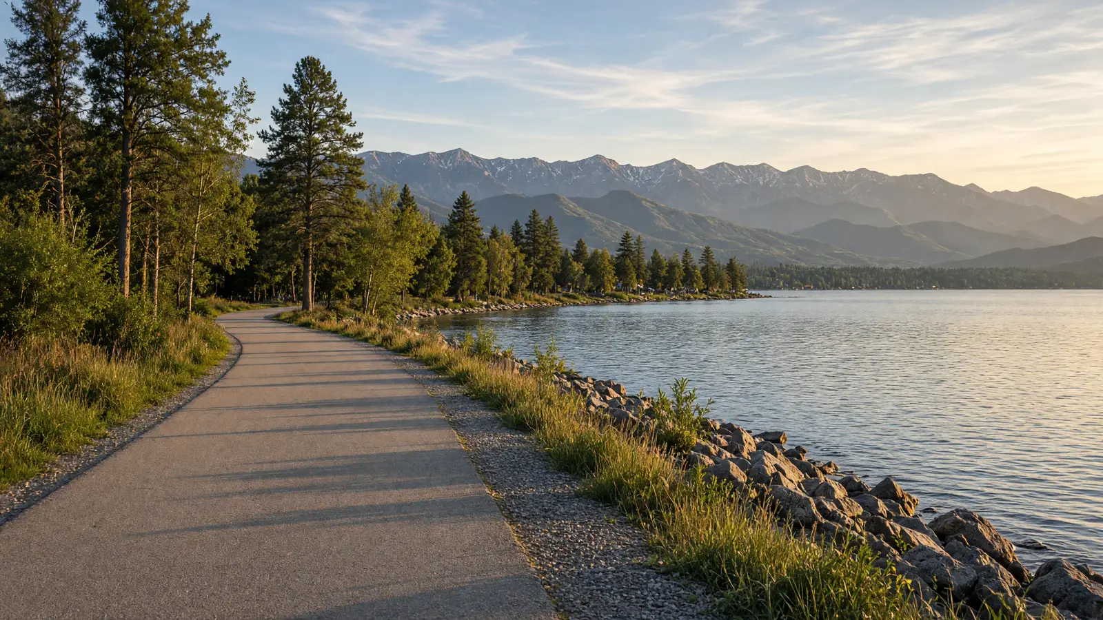 Empty lodgepole path near Flathead Lake west shore, Flathead County, Montana