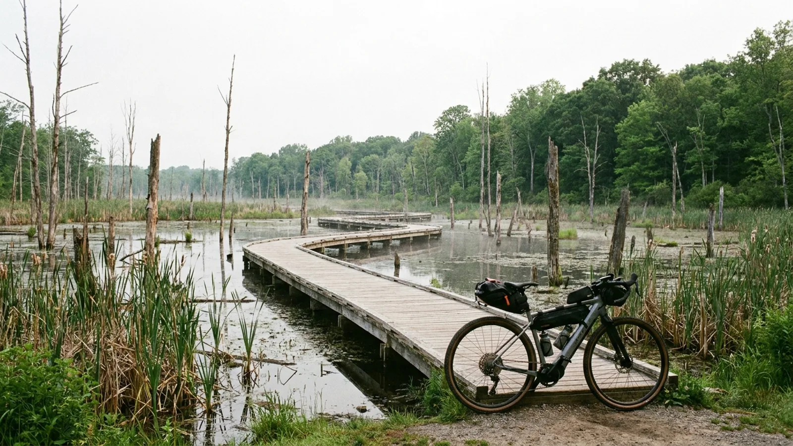 Electric bike at a trailhead beside a long low wooden boardwalk running out across a freshwater swamp of standing dead trees and reeds