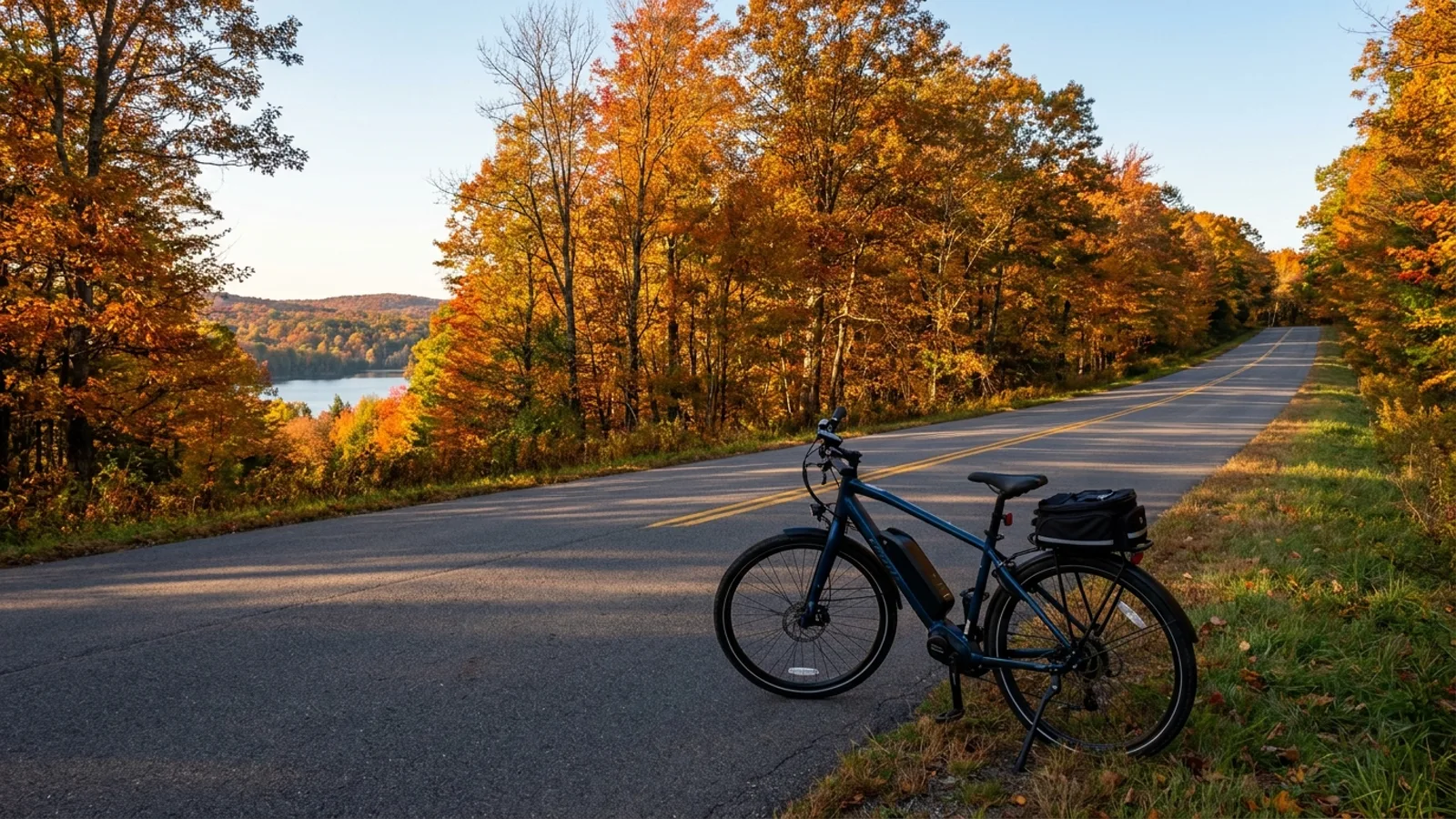 Electric bike at the roadside on a quiet paved park road climbing through rolling autumn hardwood forest with a lake glimpsed below