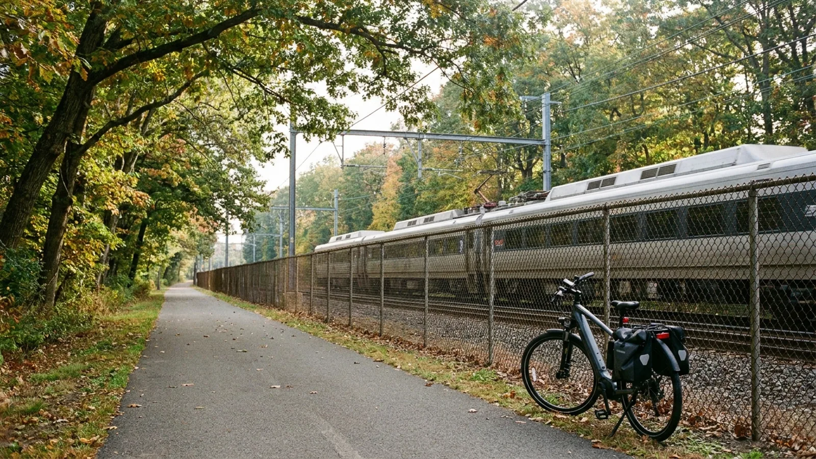 Electric bike on a paved tree-lined rail-trail running straight alongside an active commuter railway line with mature trees arching overhead