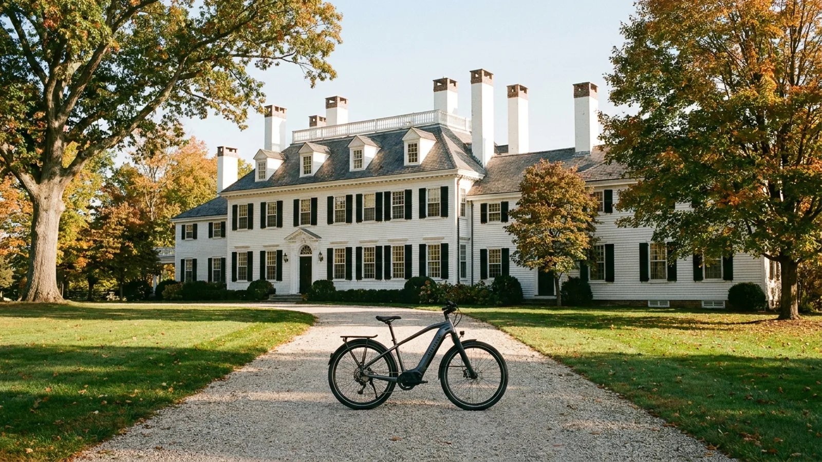 Electric bike on a gravel drive in front of a grand colonial-era white clapboard Georgian mansion with black shutters and tall chimneys