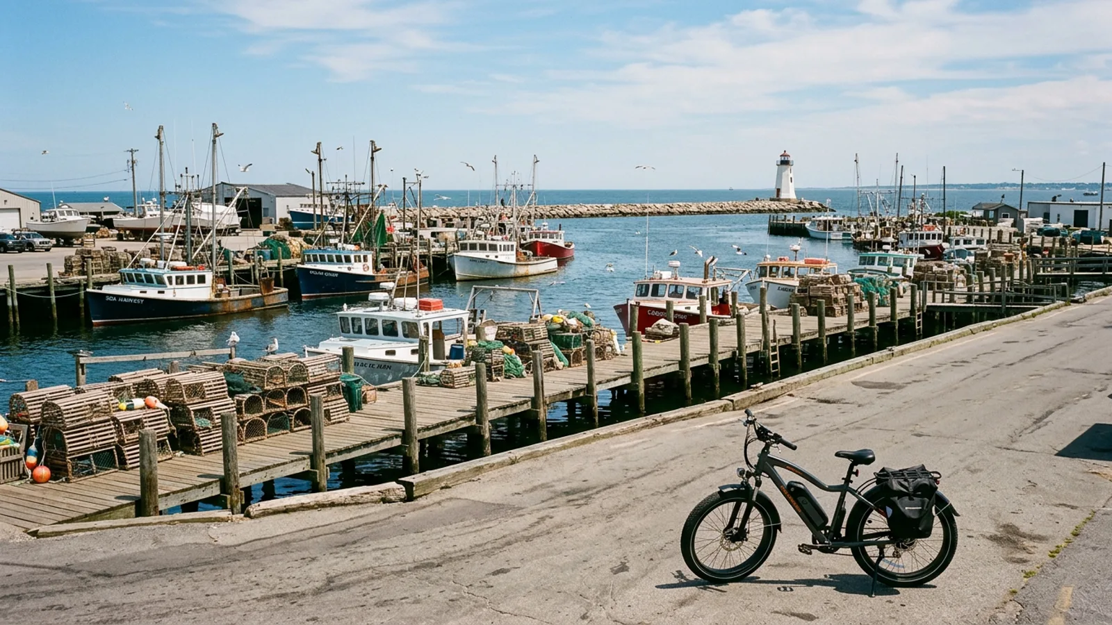 Electric bike on the harbor road at the Port of Galilee with fishing boats lobster traps and the Point Judith breakwater light