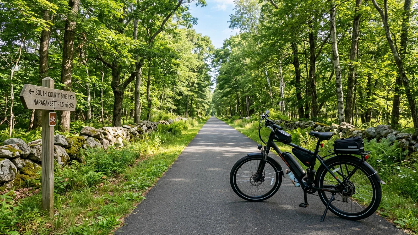 Electric bike parked on the paved South County Bike Path rail-trail through the woods in southern Rhode Island