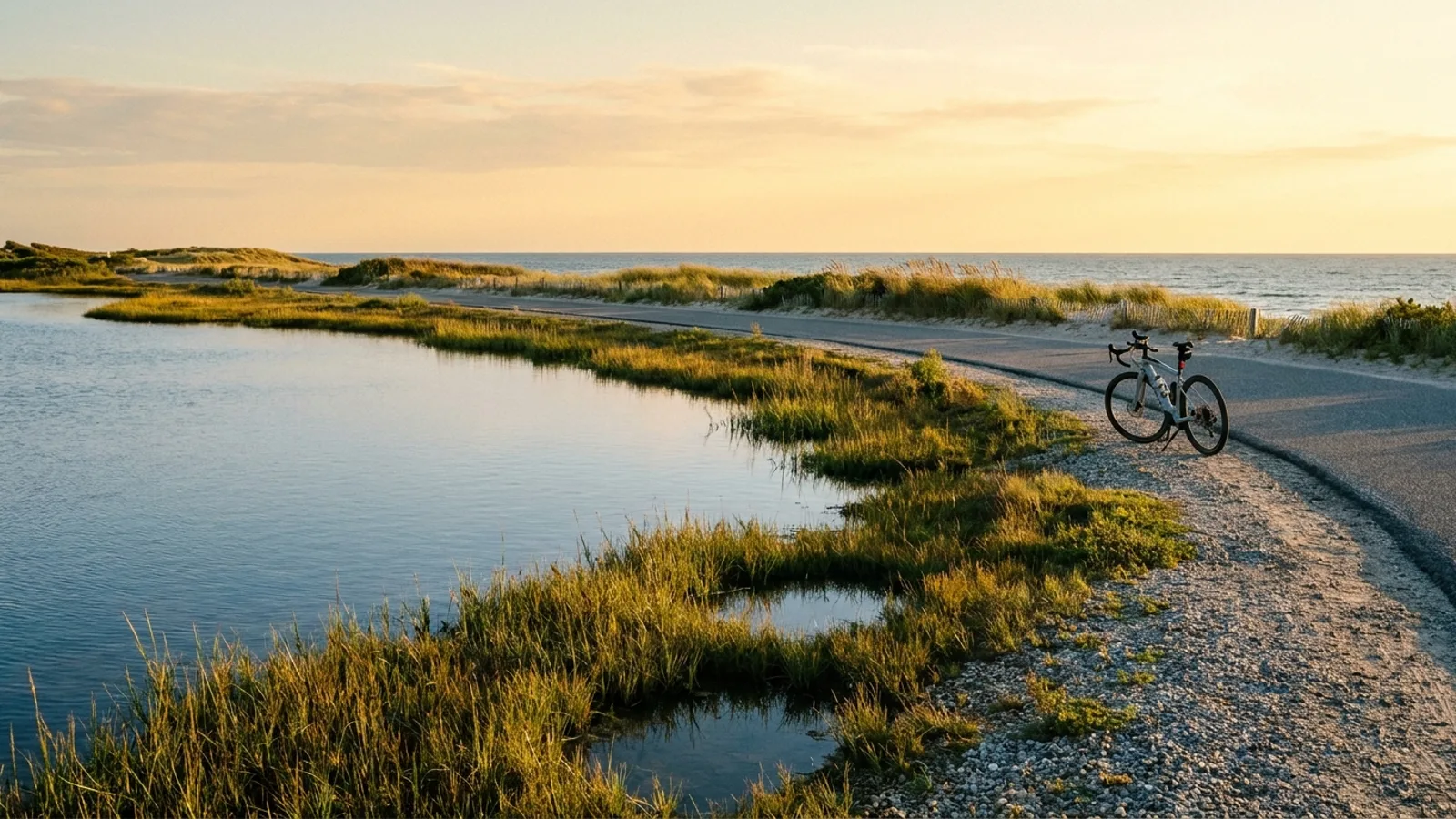 eBike on a coastal road shoulder beside a salt pond and barrier beach dunes in South County Rhode Island