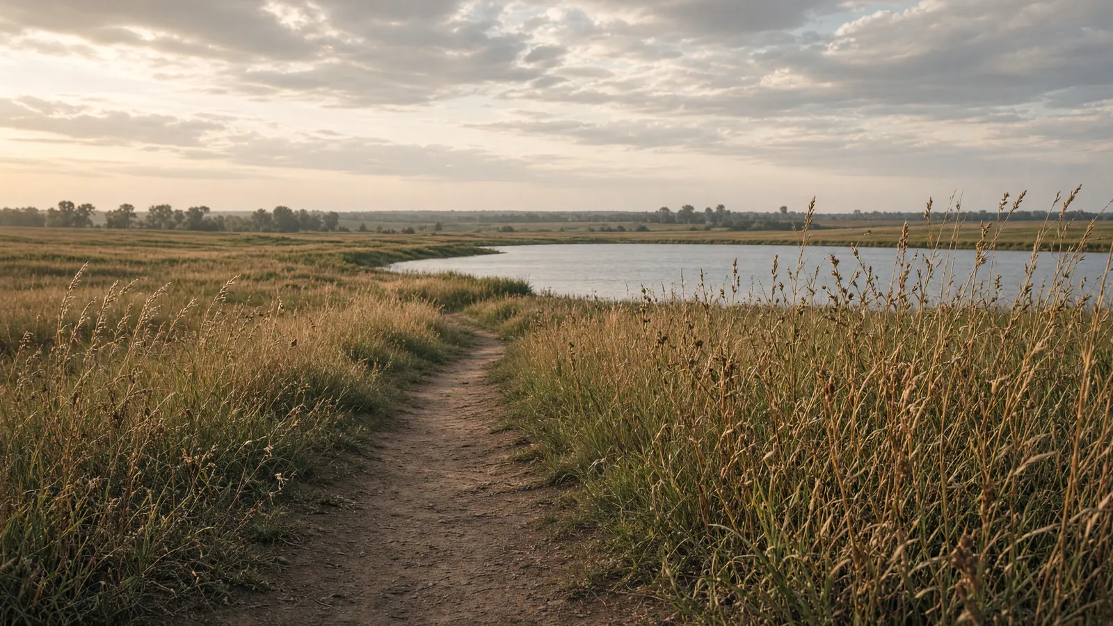 Empty Hastings prairie packed path toward an irrigation lake, Adams County, Nebraska
