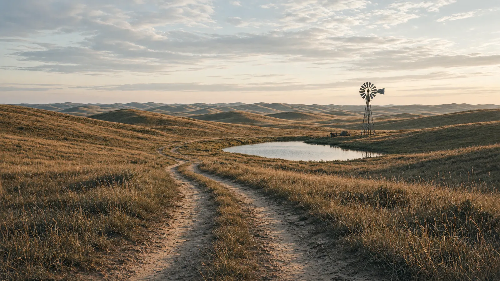 Empty Sandhills grass-dune packed two-track toward a ranch pond, Cherry County, Nebraska