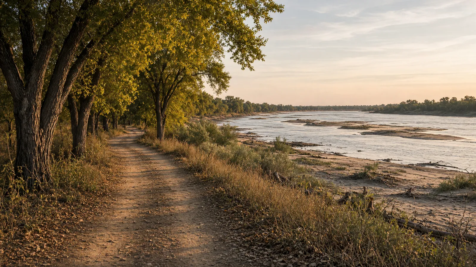 Empty South Platte River packed path through cottonwoods, Deuel County, Nebraska