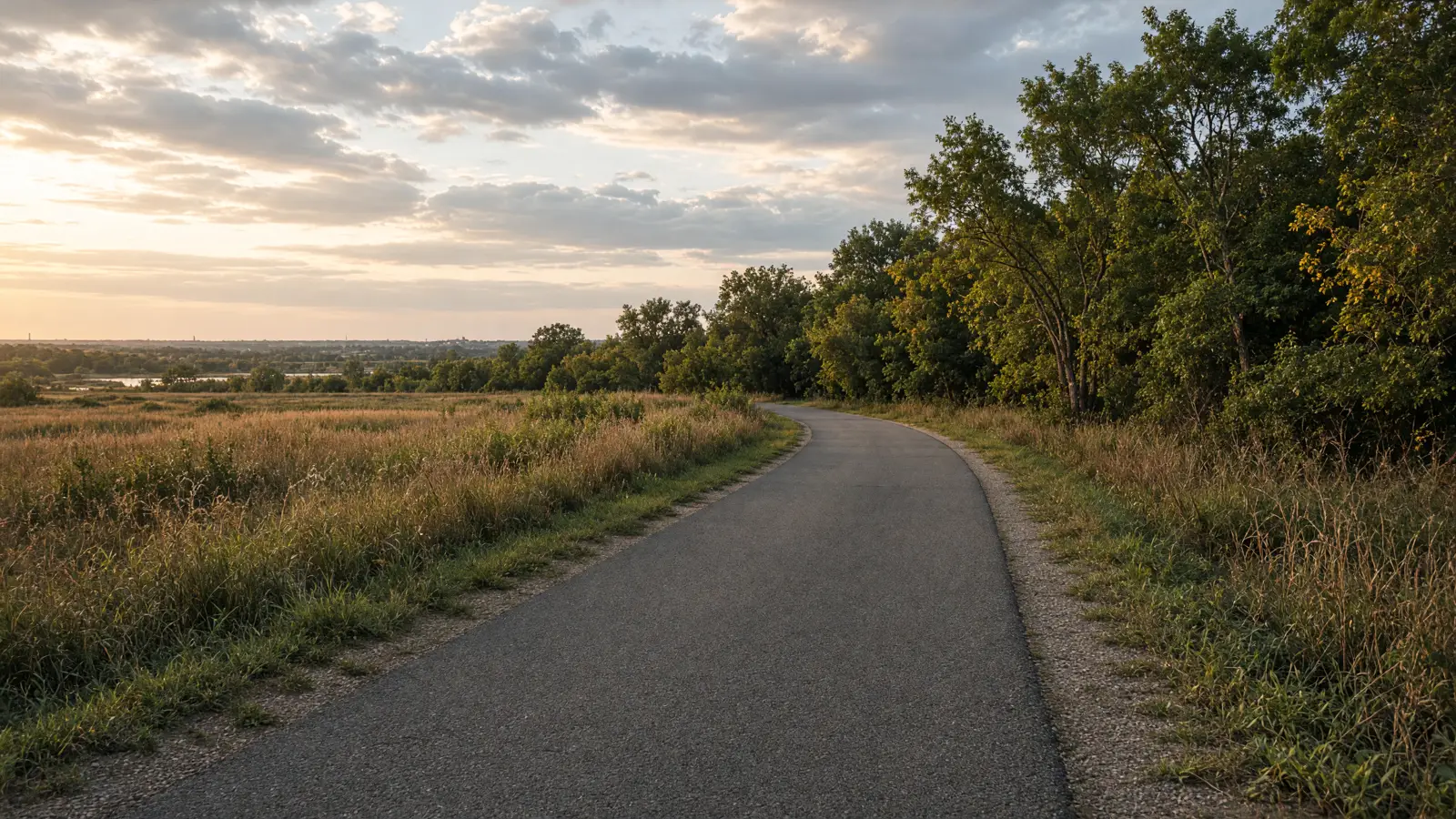 Empty Keystone Trail paved path along the Missouri River toward Omaha, Douglas County, Nebraska