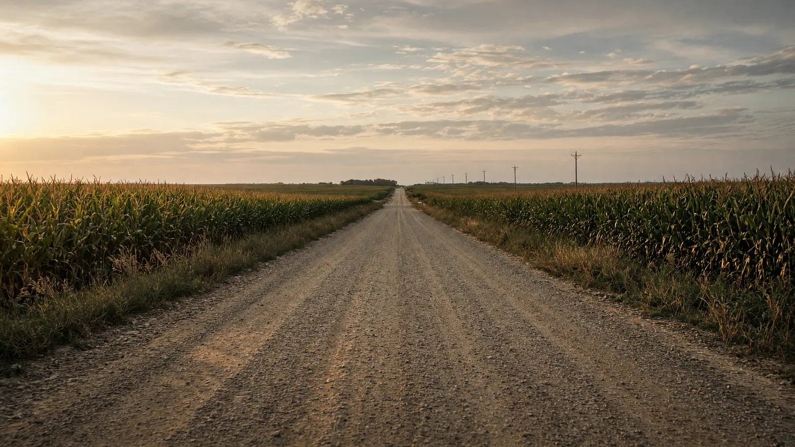 Empty central Nebraska packed farm road through corn toward a prairie horizon, Hamilton County, Nebraska