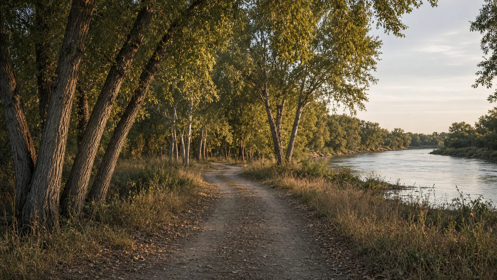 Empty Loup River packed path through cottonwoods, Howard County, Nebraska