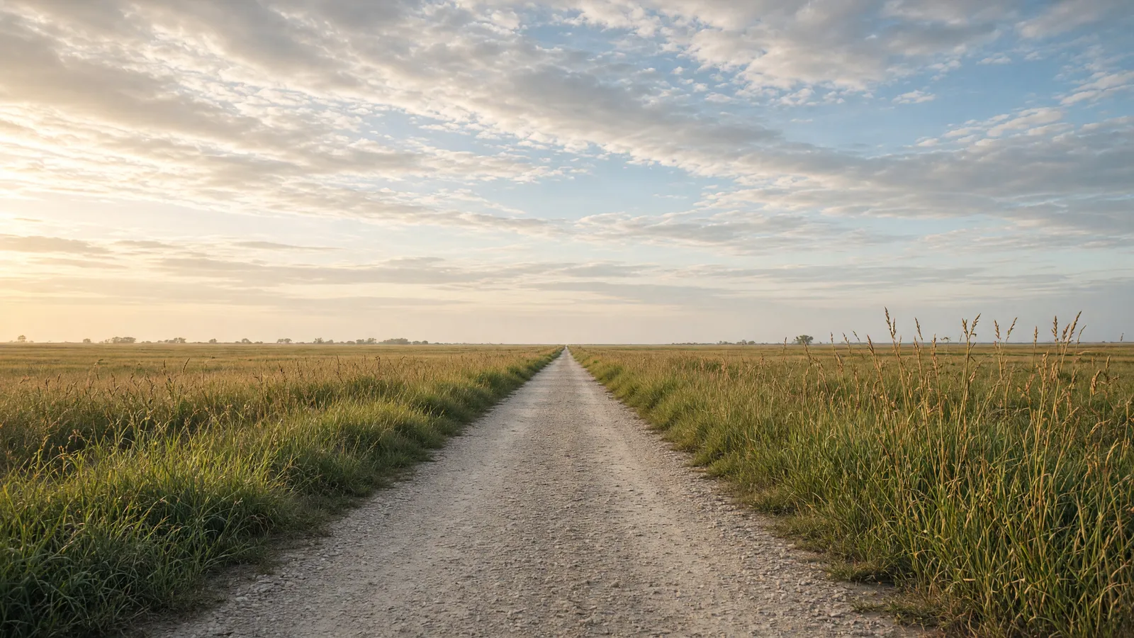 Empty Jamaica North Trail crushed-limestone path through flat tallgrass prairie, Lancaster County, Nebraska