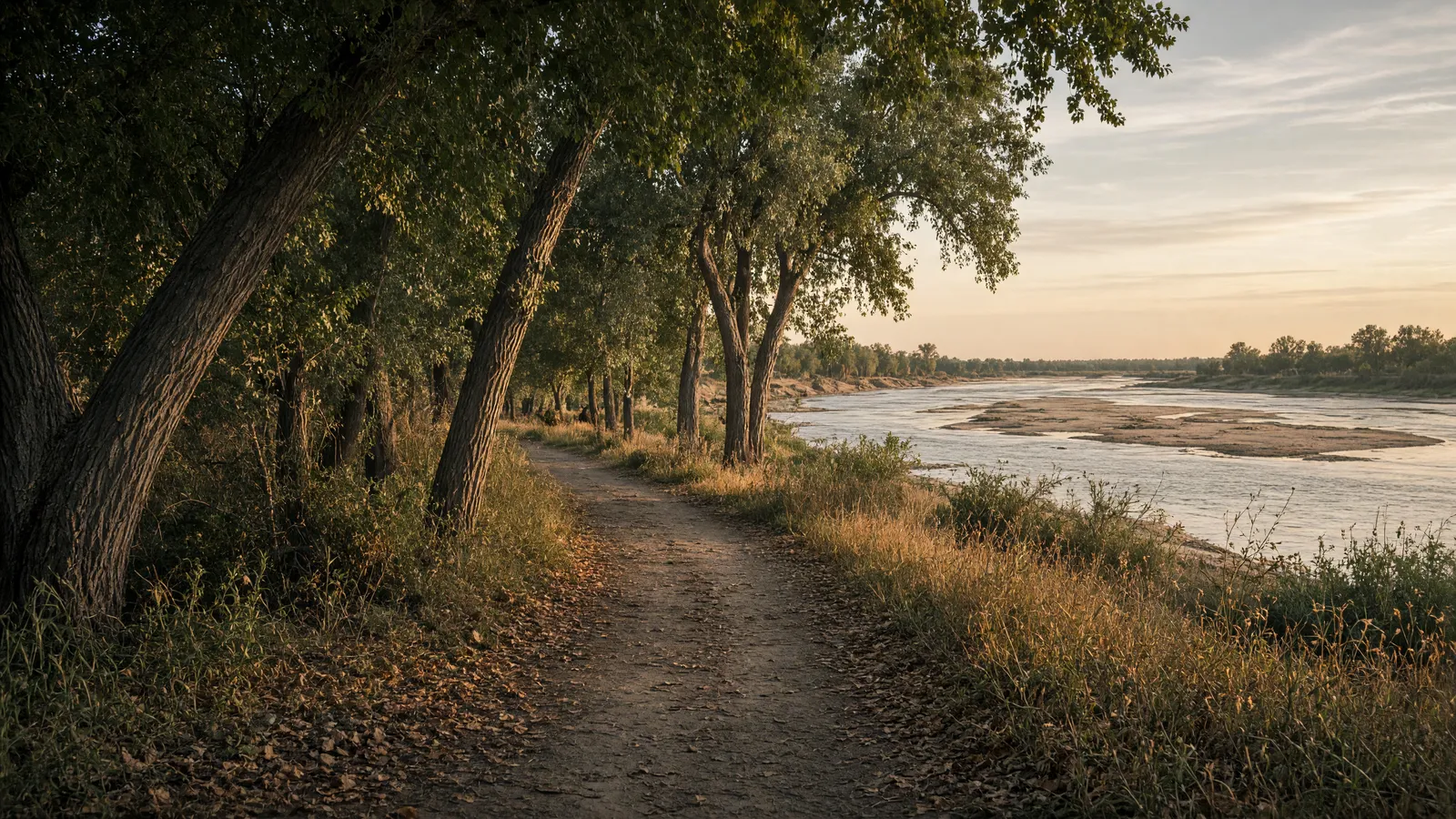 Empty South Platte River packed path through cottonwoods near North Platte, Lincoln County, Nebraska
