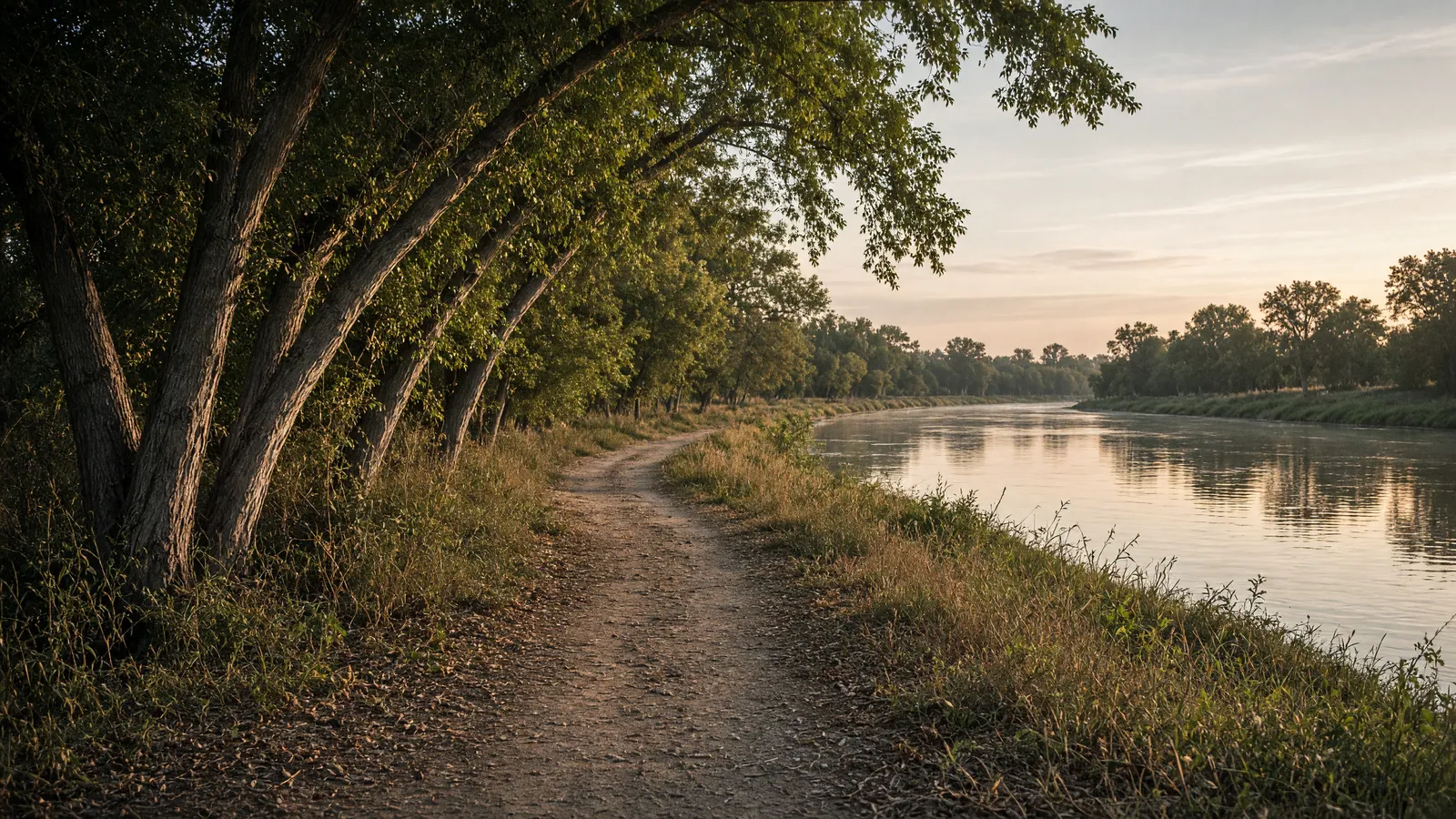 Empty Elkhorn River packed path through cottonwoods, Madison County, Nebraska