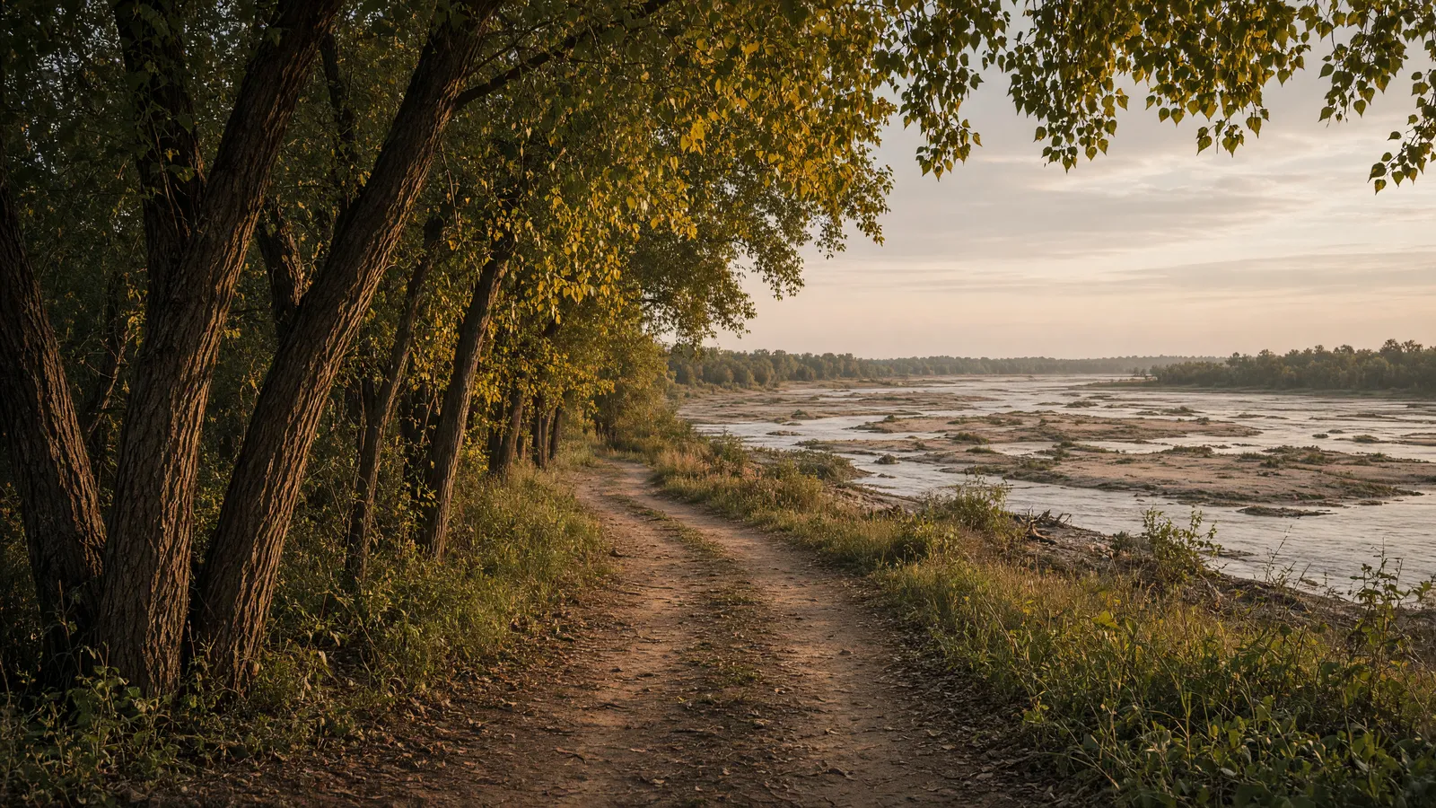 Empty Platte River packed path through cottonwoods toward a braided sandbar, Merrick County, Nebraska