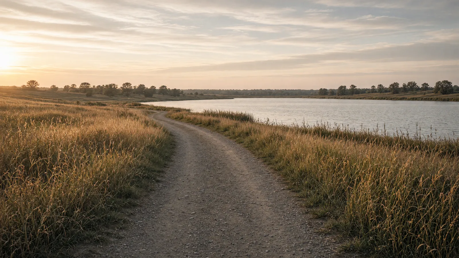 Empty Chalco Hills packed path through prairie grass toward Wehrspann Lake, Sarpy County, Nebraska