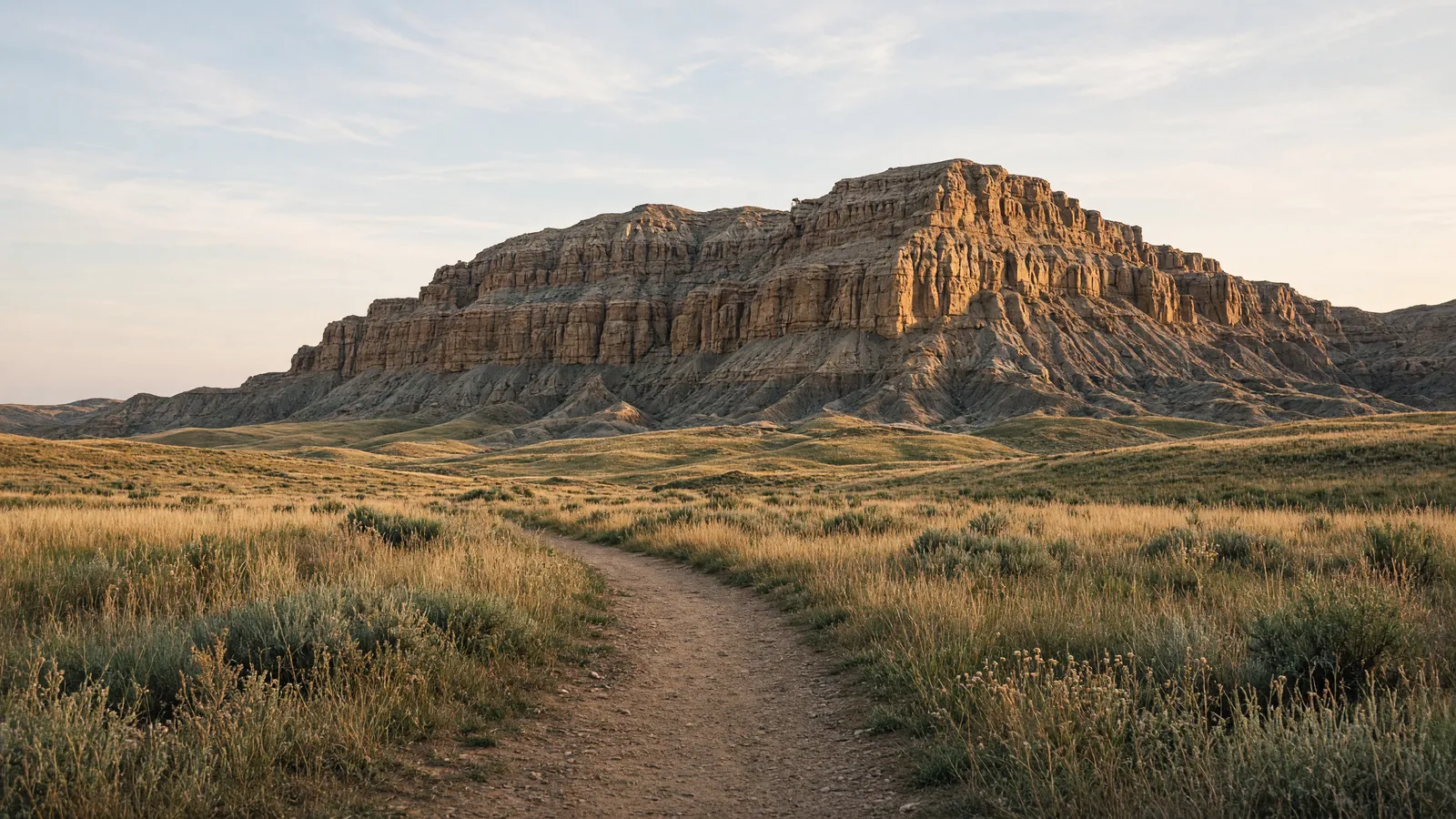 Empty Scotts Bluff National Monument packed path through mixed-grass prairie toward the sandstone bluff, Scotts Bluff County, Nebraska