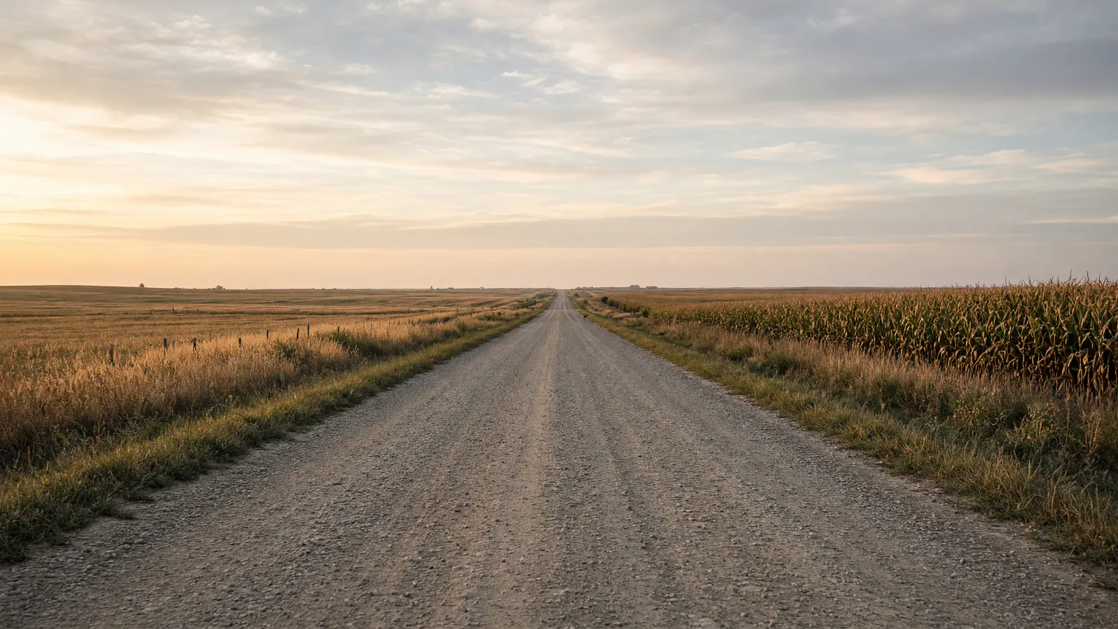 Empty Seward prairie packed farm road through fields toward a county sky, Seward County, Nebraska