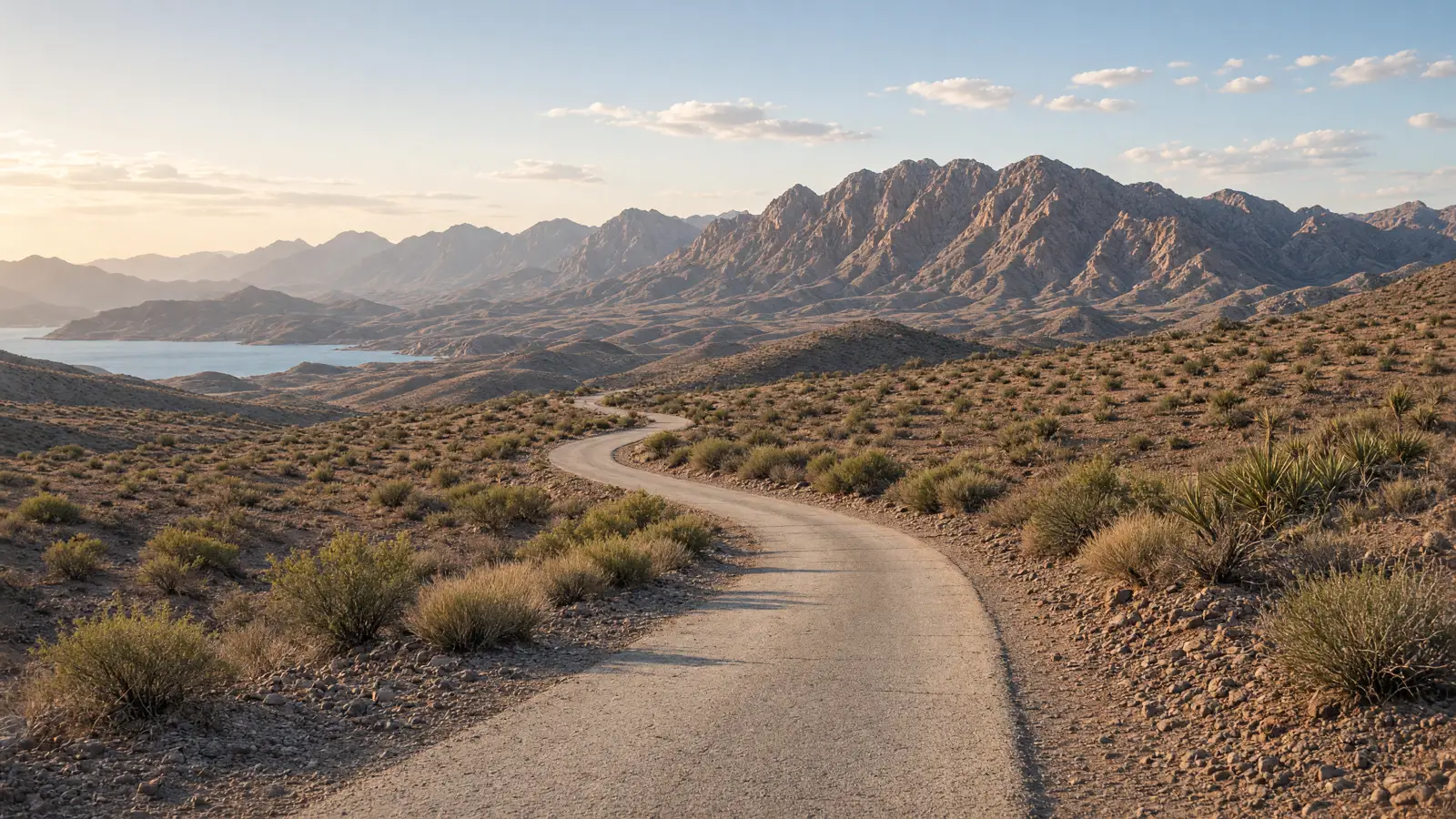Paved desert road and Lake Mead basin in Clark County, Nevada