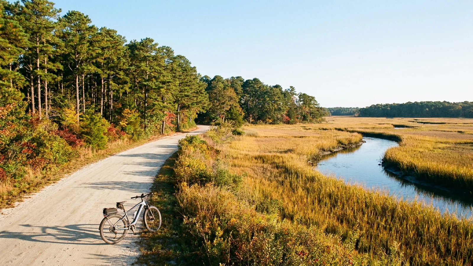 Electric bike at the roadside on a sandy park road curving between pine woods and tidal salt marsh with reeds and a creek beyond