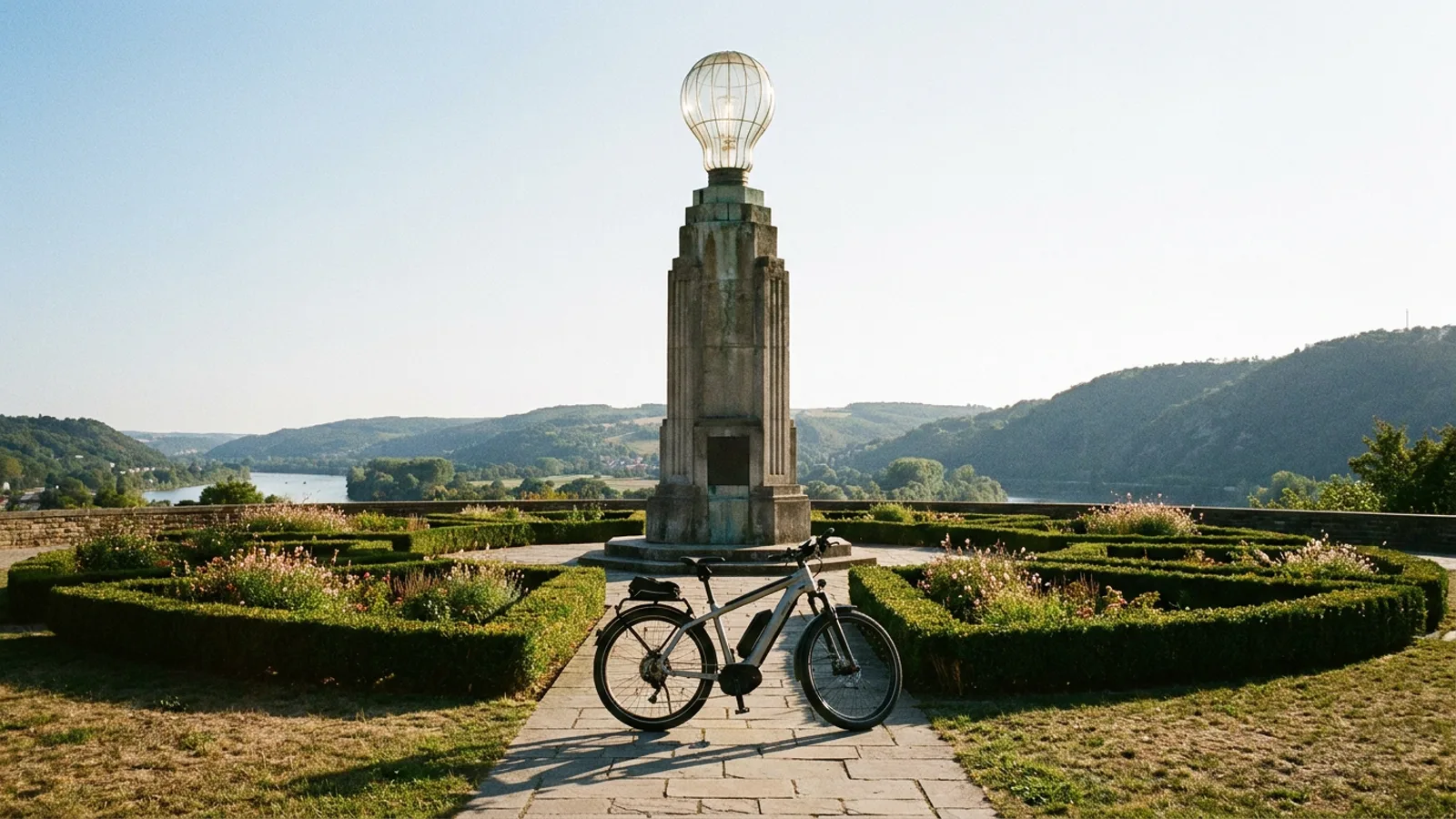 Electric bike on a paved path beside a tall art deco concrete memorial tower topped with a large glass light-bulb shape in a small landscaped park