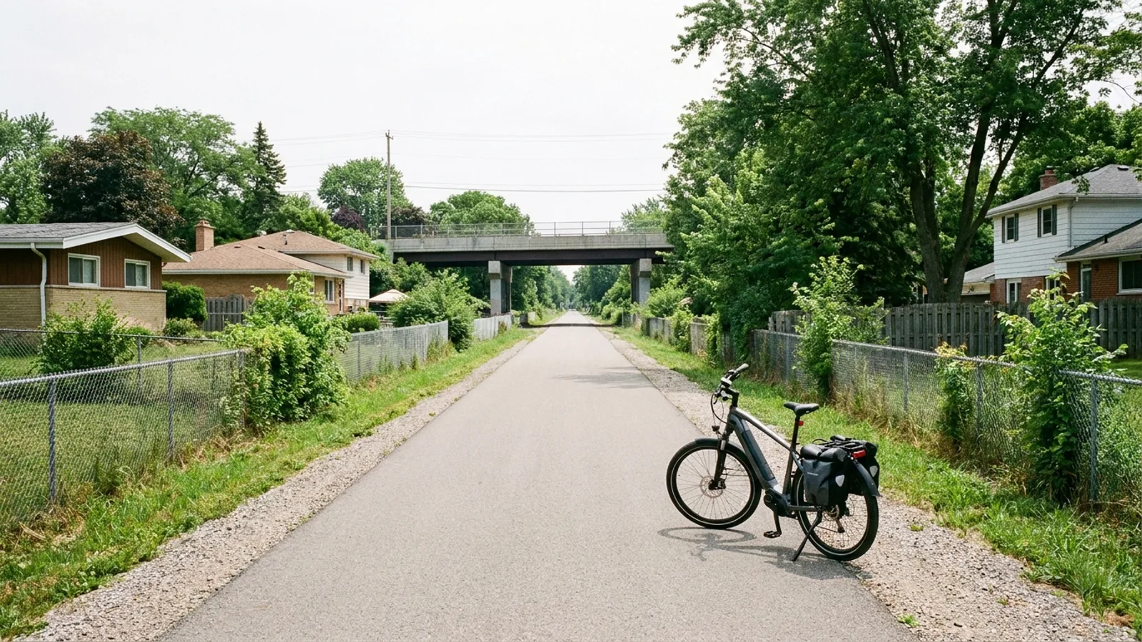 Electric bike parked on a straight paved rail-trail running along an old railroad embankment through a leafy suburban neighbourhood