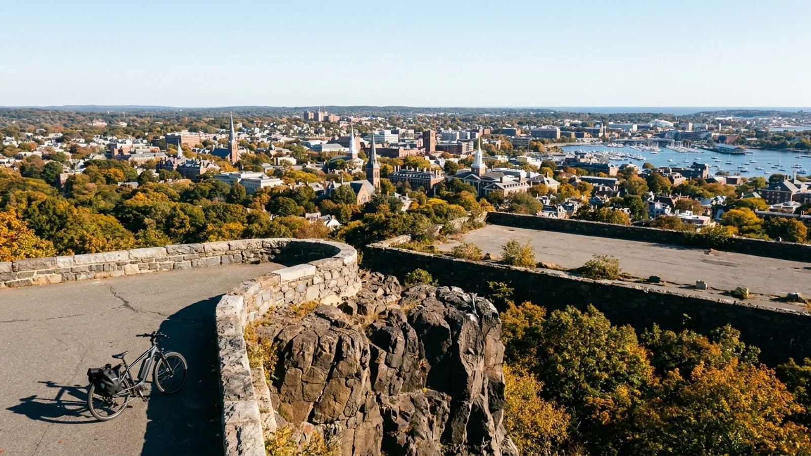 Electric bike parked at a stone parapet overlook on a basalt ridge above a New England city with the harbor beyond