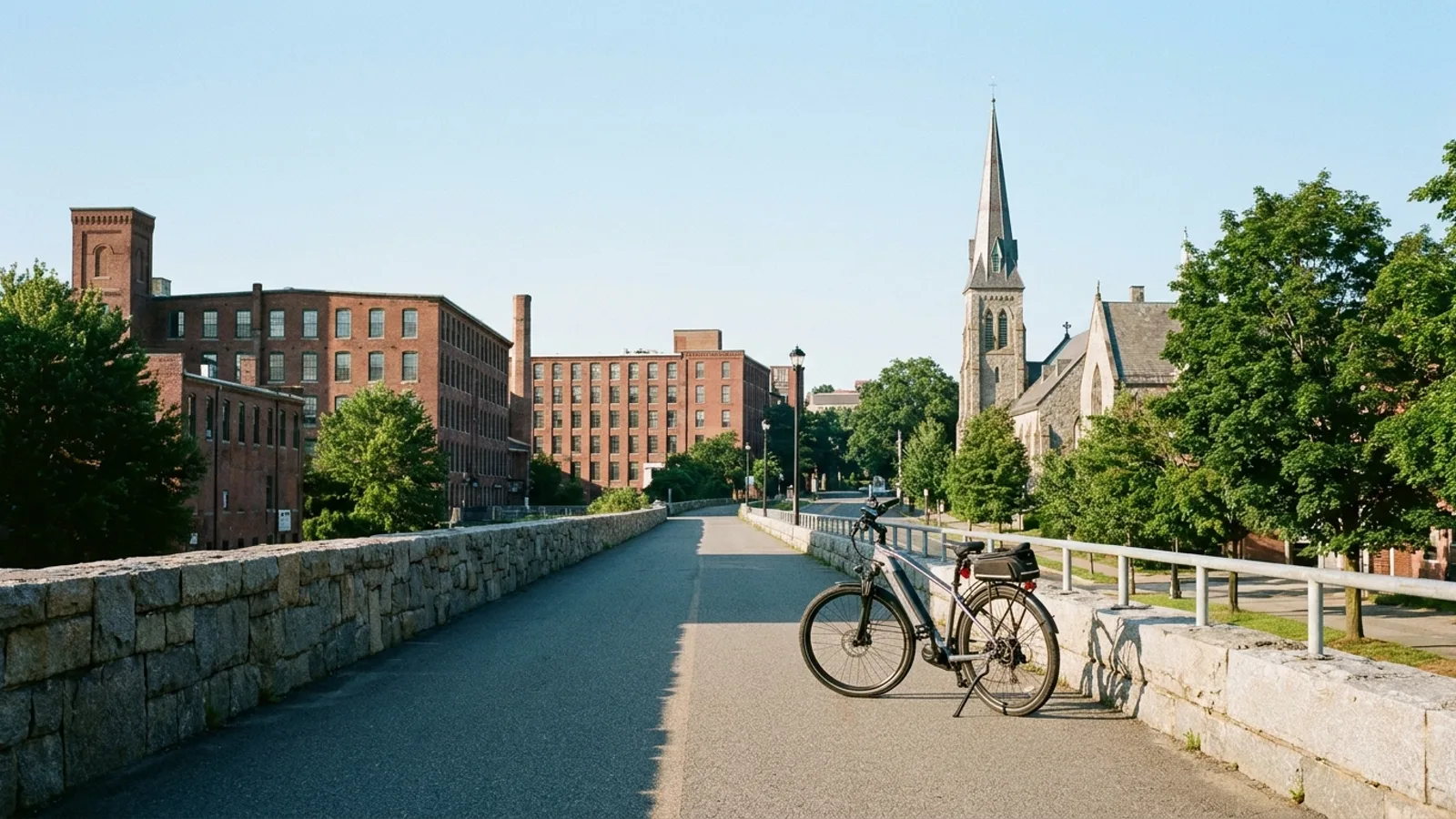 Electric bike on the paved Farmington Canal Heritage Trail entering New Haven Connecticut