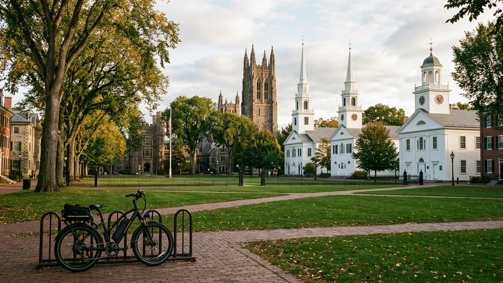 Electric bike at a rack beside a historic college town green with white colonial churches and Gothic stone towers behind