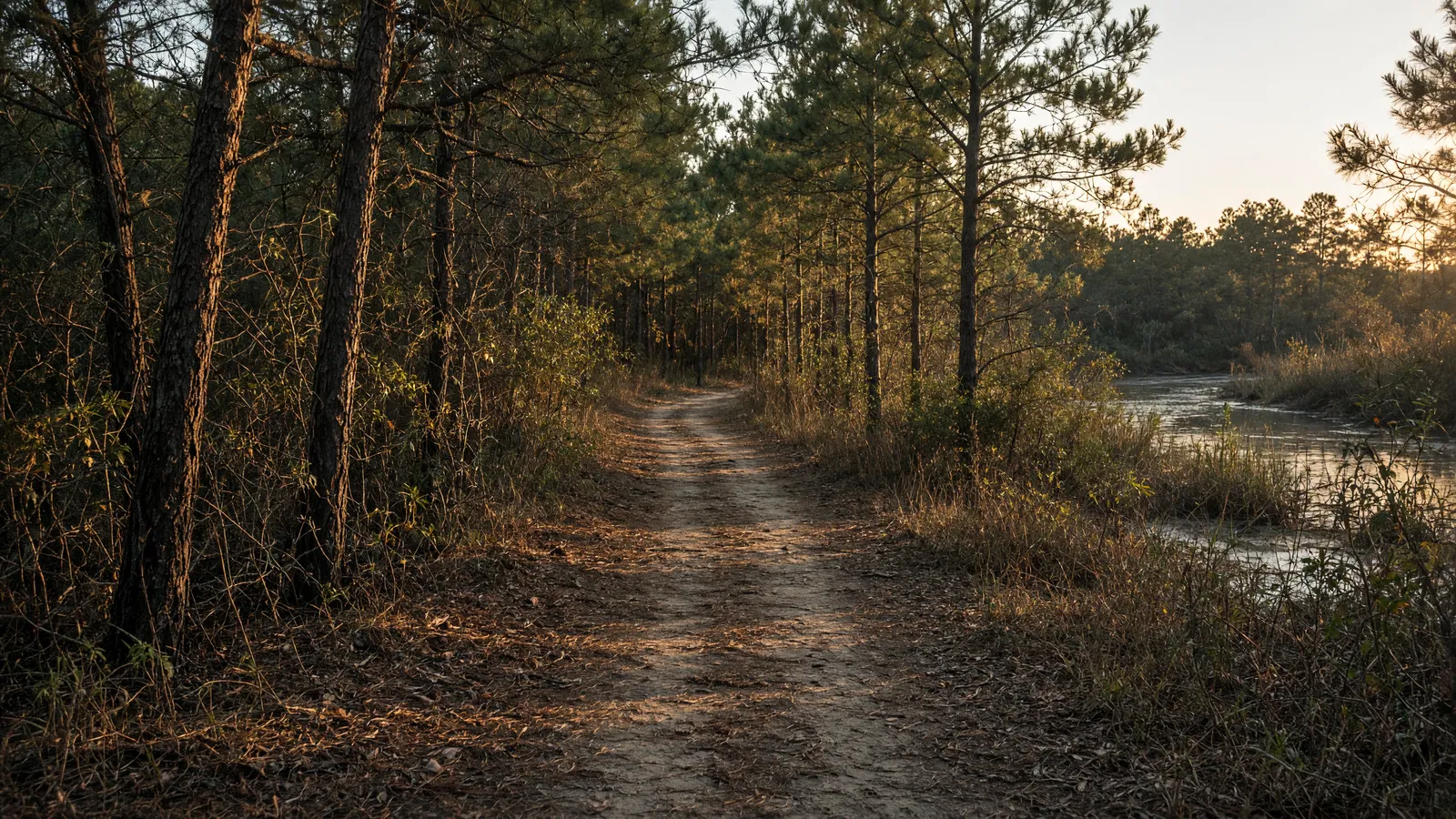 Empty Rancocas pine-barren packed path through pitch pines, Burlington County, New Jersey