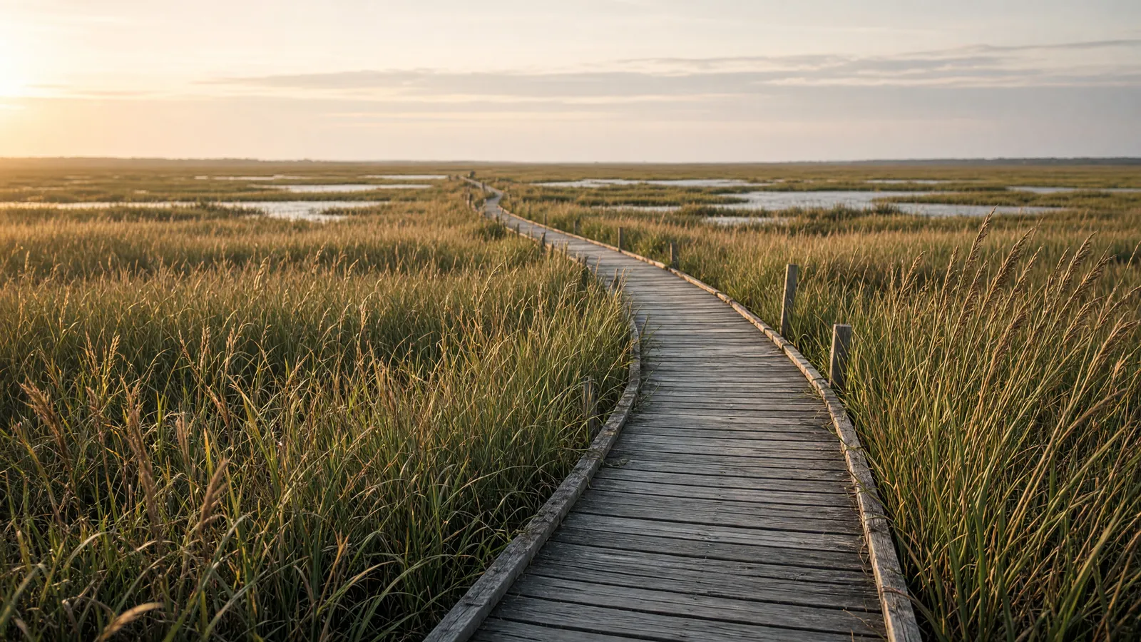 Empty Delaware Bay marsh boardwalk through cordgrass, Cumberland County, New Jersey