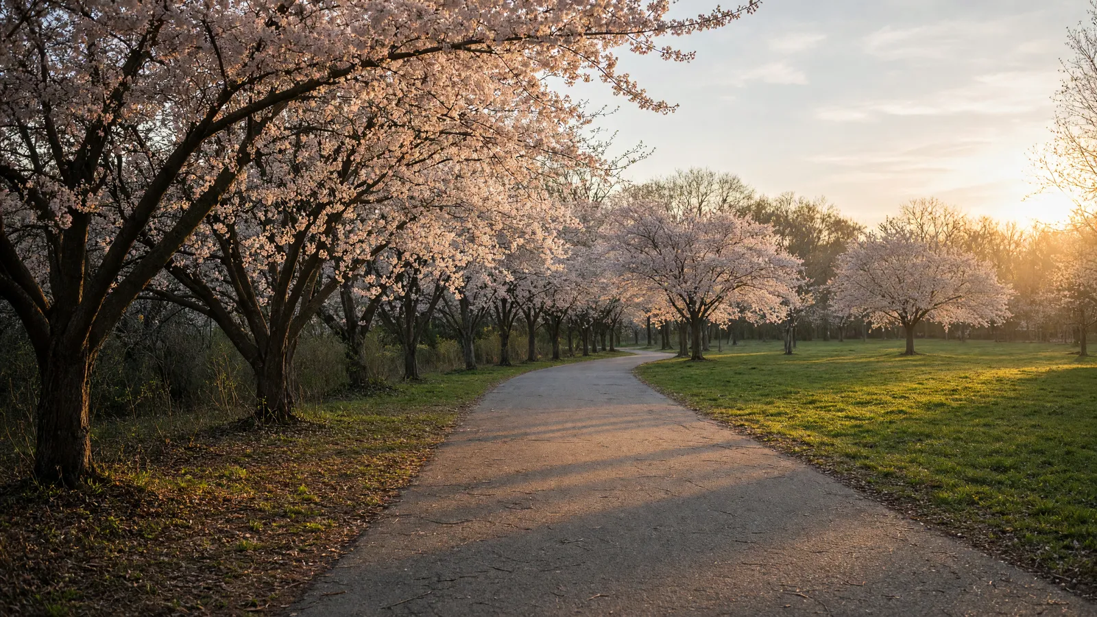 Empty Branch Brook Park paved path through cherry trees, Essex County, New Jersey