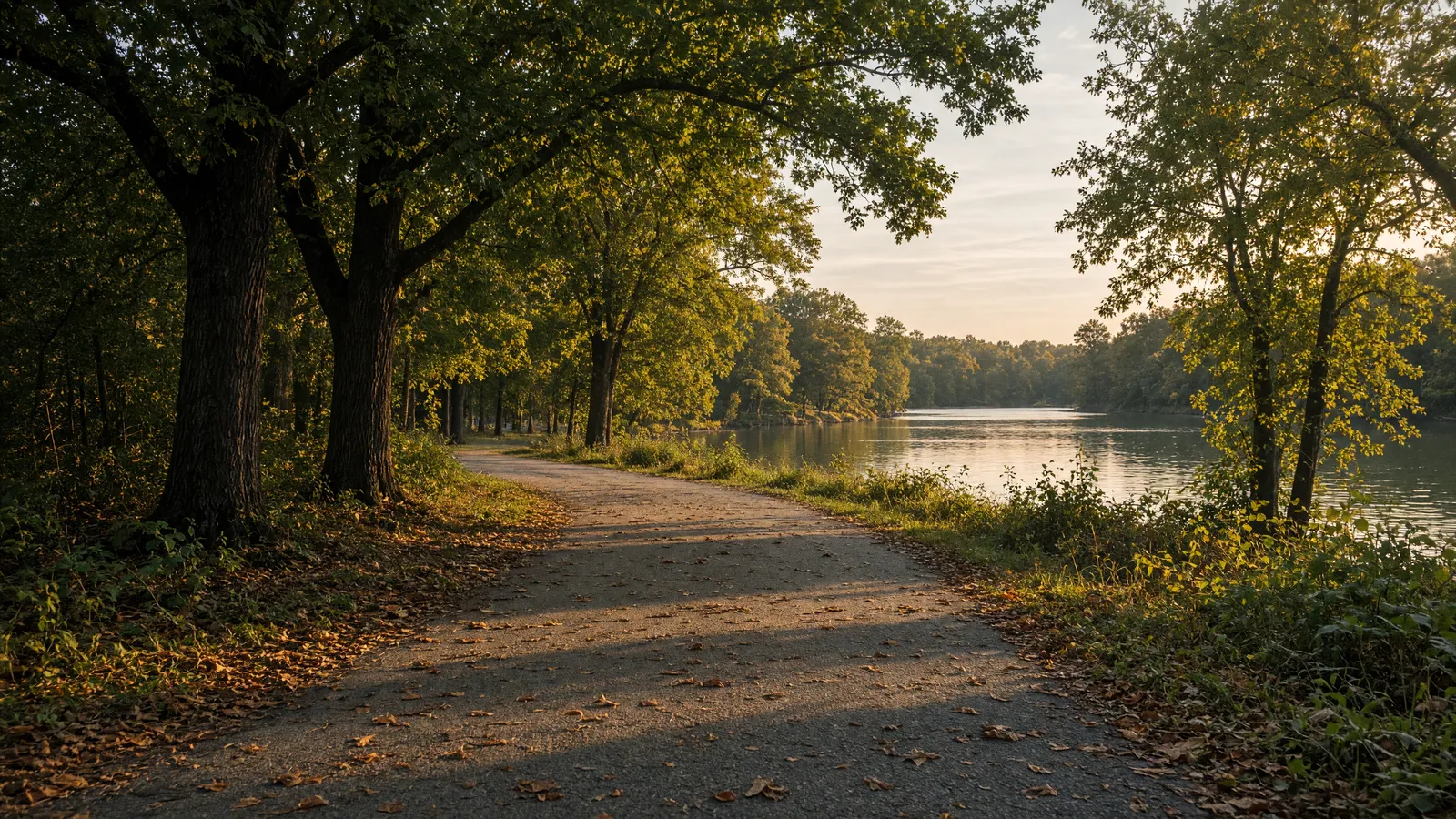 Empty county park paved path through oaks toward a still lake, Gloucester County, New Jersey