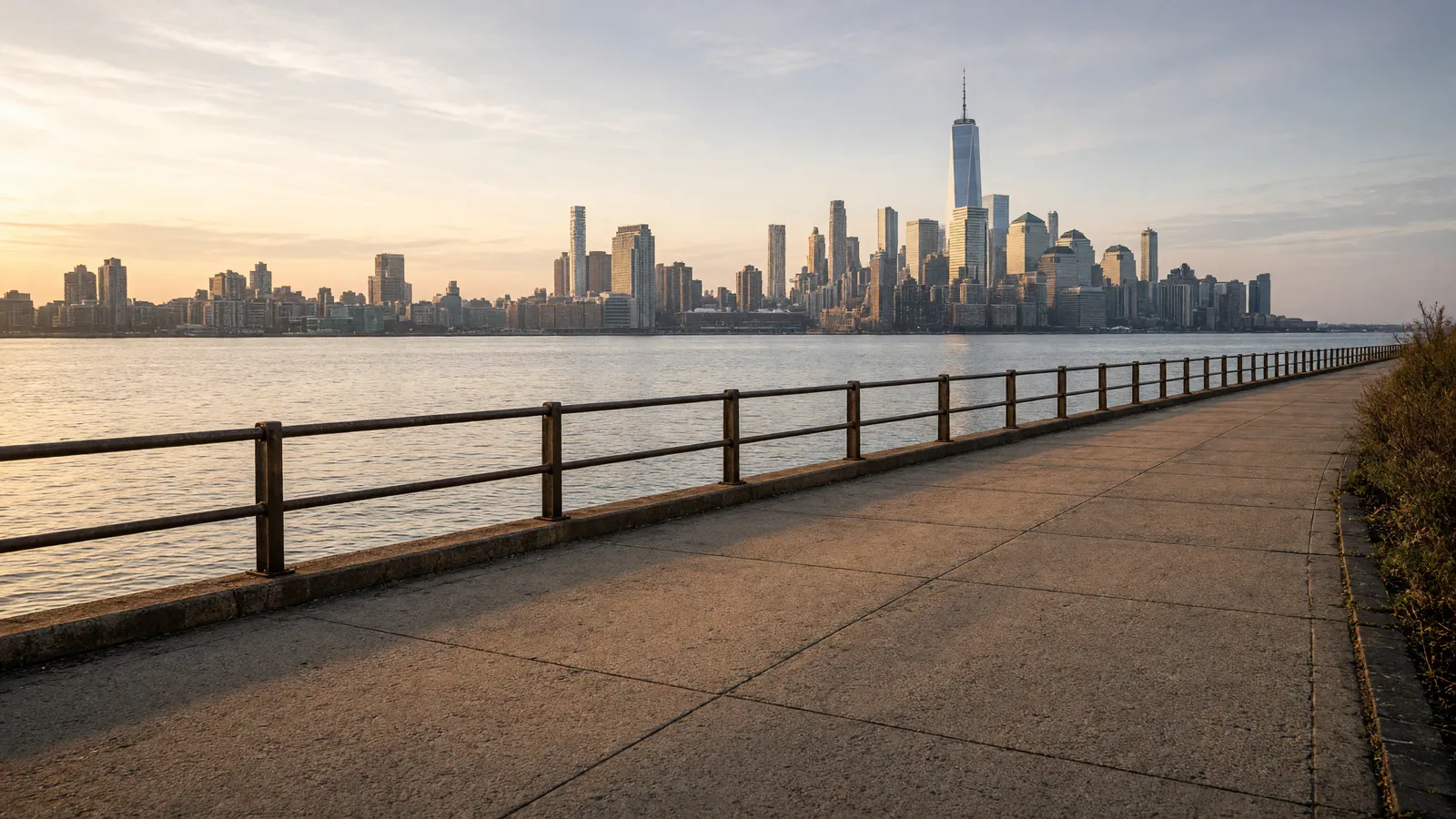 Empty Hudson River Waterfront Walkway pavement with the river and skyline across the water, Hudson County, New Jersey