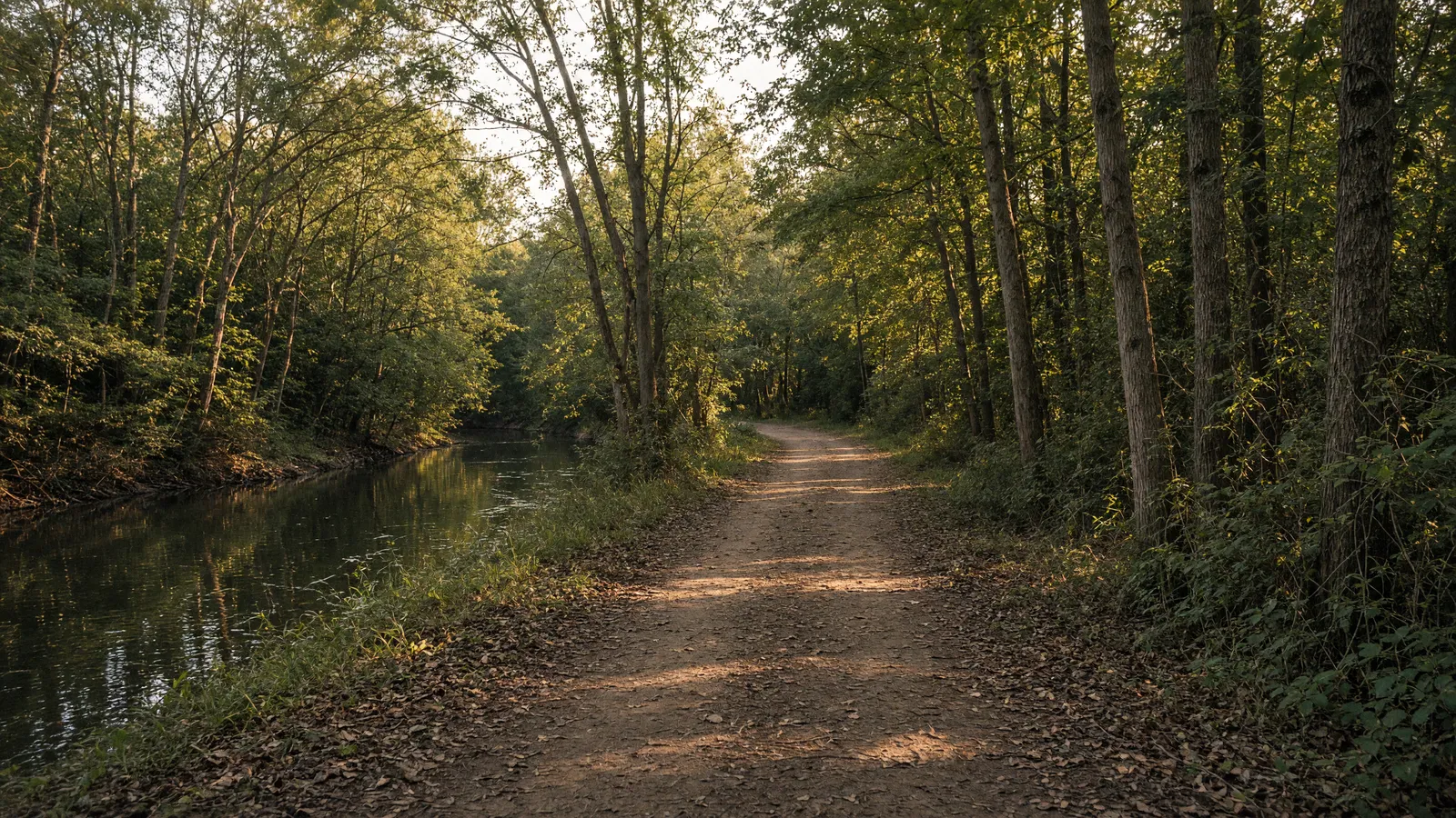 Empty Delaware and Raritan Canal towpath through trees near Princeton, Mercer County, New Jersey