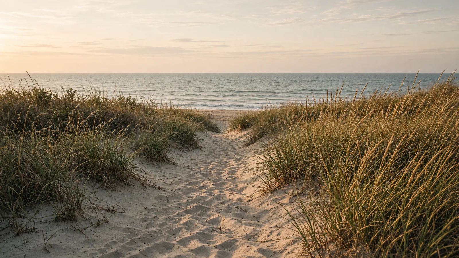 Empty Island Beach State Park sand path through beach grass toward the Atlantic, Ocean County, New Jersey