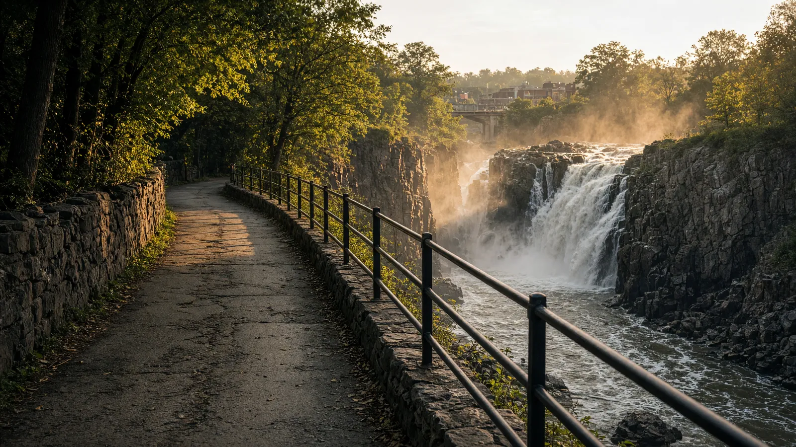 Empty Great Falls of the Passaic overlook path with the falls in view, Paterson, Passaic County, New Jersey