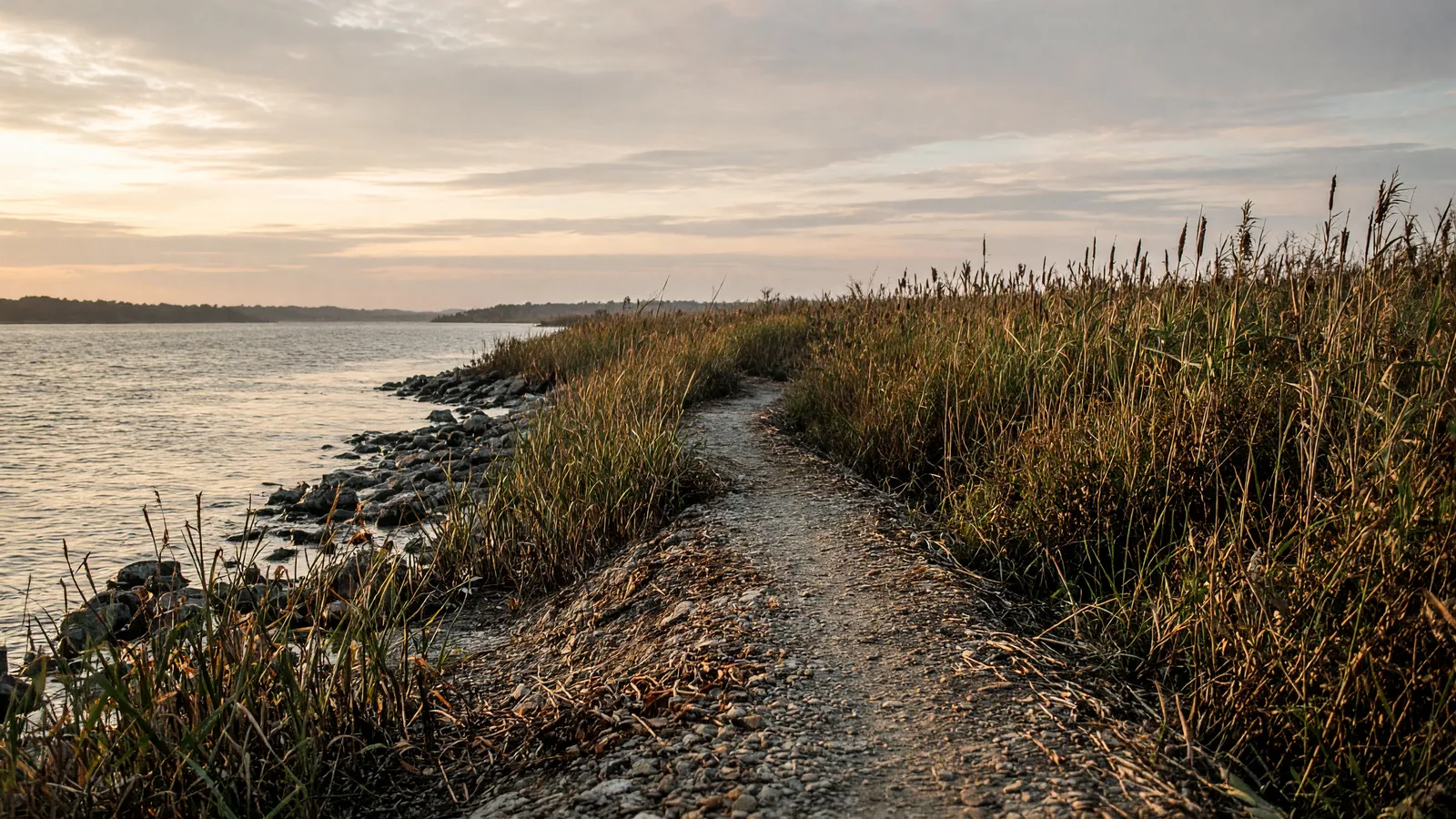 Empty Delaware River shoreline path through marsh grass near Fort Mott, Salem County, New Jersey