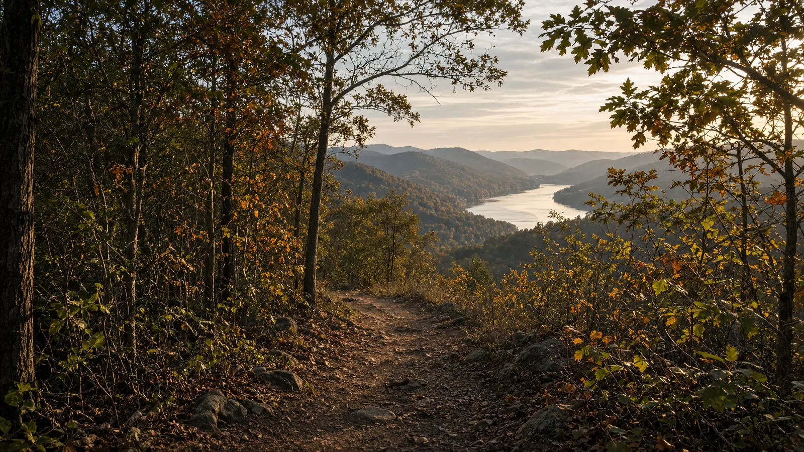 Empty Kittatinny Ridge overlook dirt path through mixed oak-hickory forest toward the Delaware Water Gap, Sussex County, New Jersey