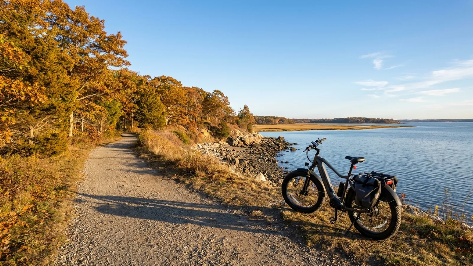 Electric bike with wide tires on a packed gravel trail along a wooded coastal bluff above the water in Connecticut