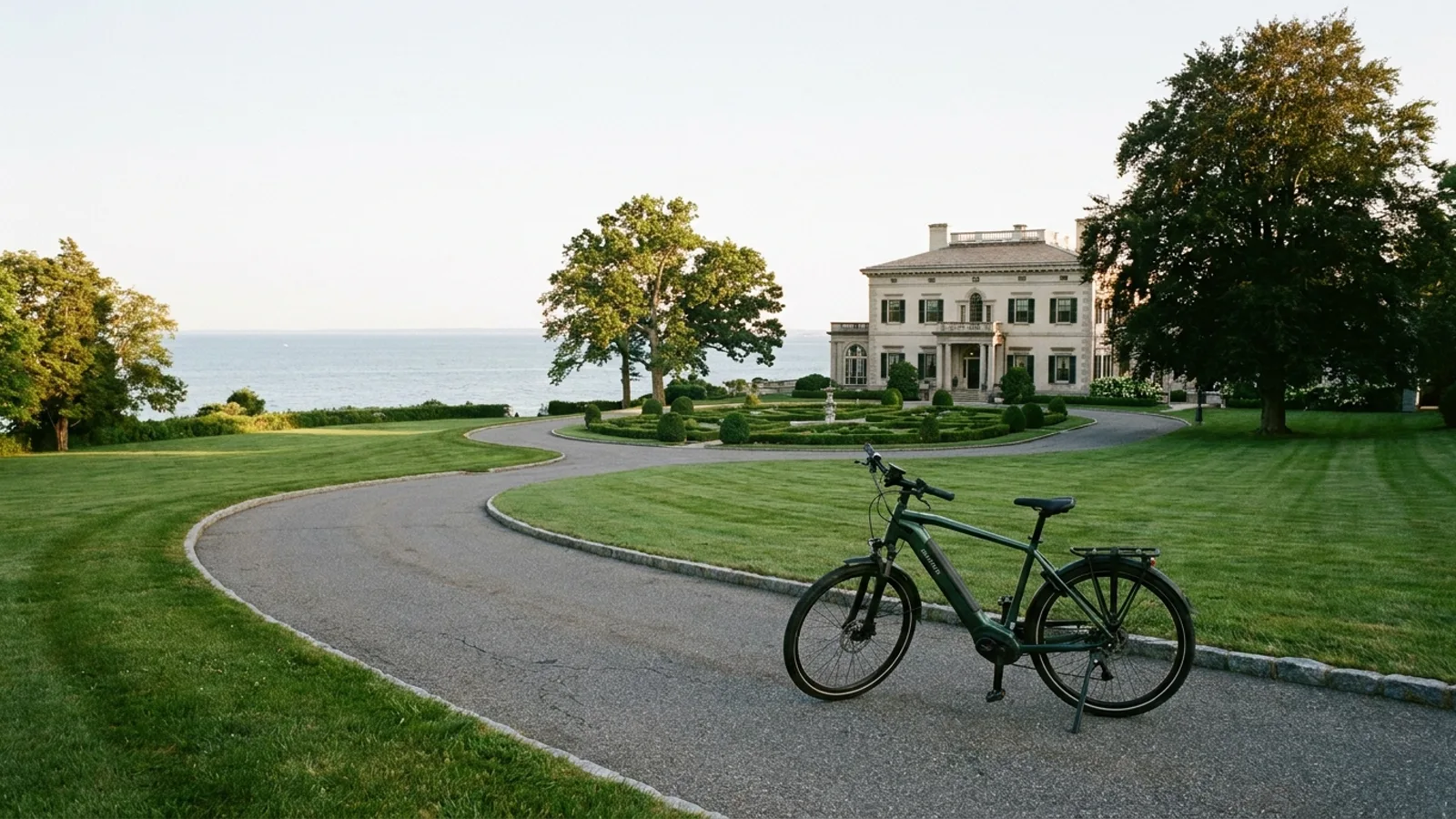 Electric bike on a paved drive across broad lawns toward an Italianate mansion with Long Island Sound beyond in coastal Connecticut