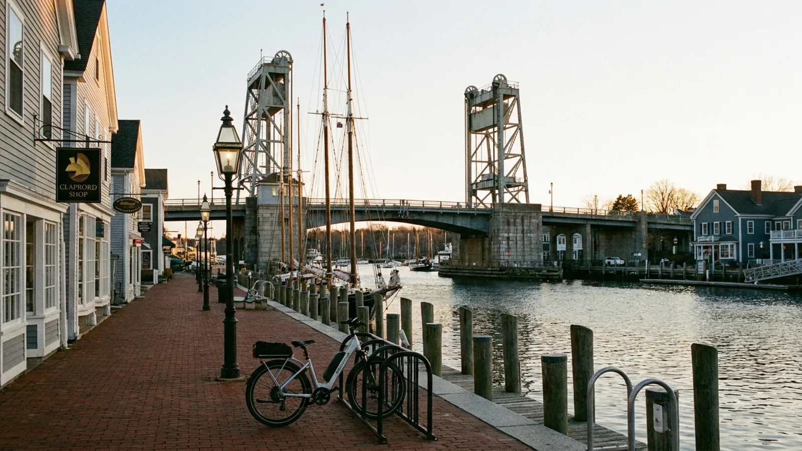 Electric bike at a rack beside a historic drawbridge over a tidal river with schooner masts in a New England seaport village
