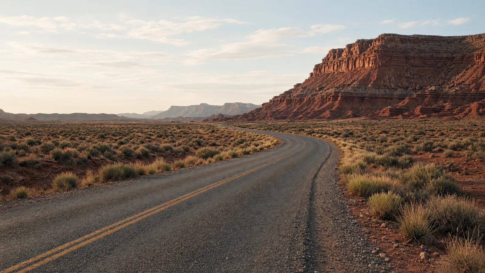 Empty red sandstone mesa road near Gallup, McKinley County, New Mexico