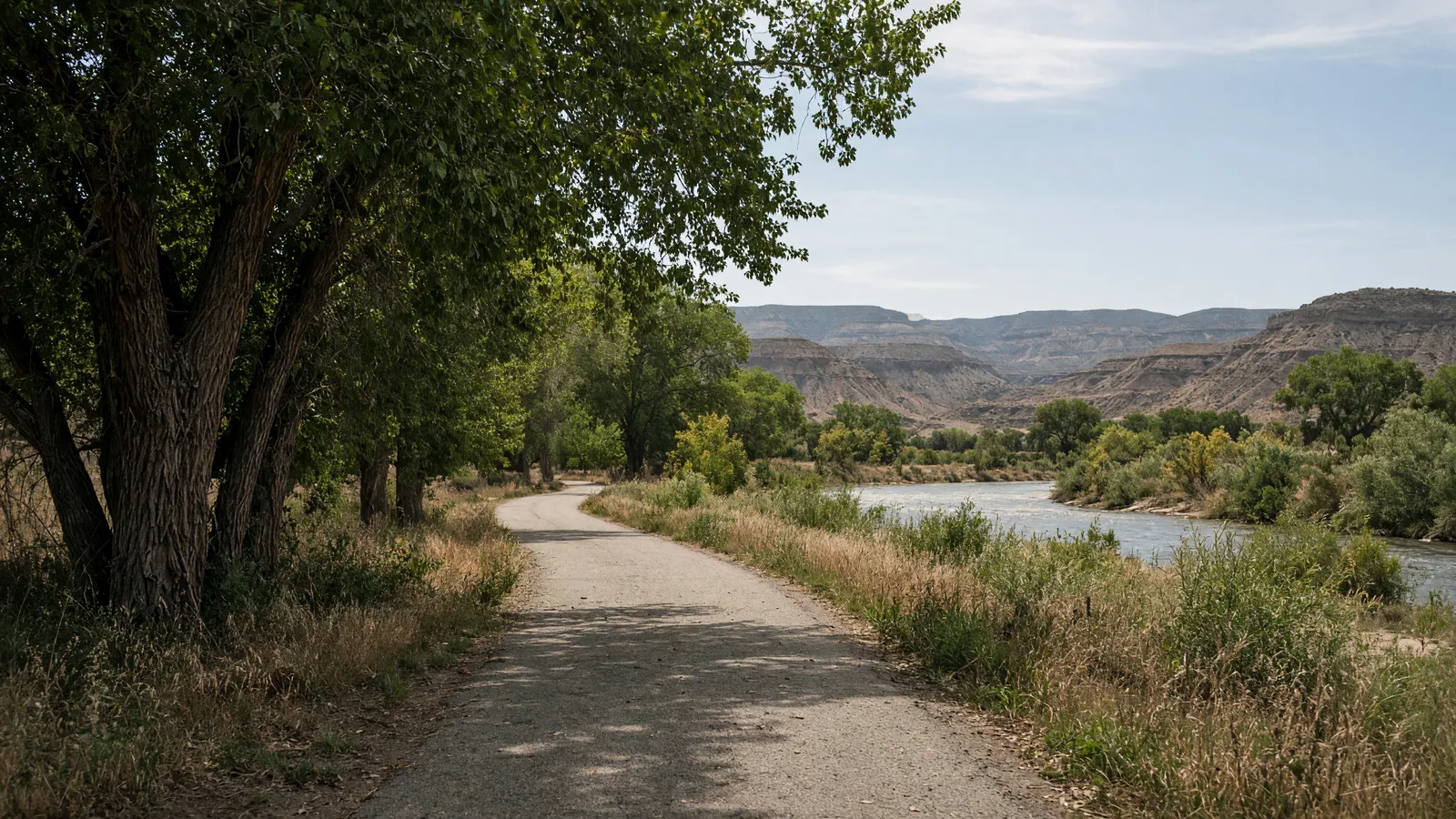 Empty Animas River valley paved path through cottonwoods near Farmington, San Juan County, New Mexico
