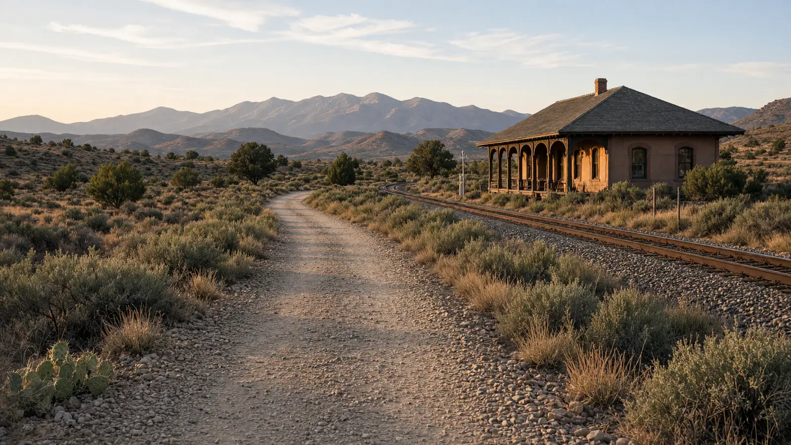 Empty Santa Fe Rail Trail crushed-granite path through pinon-juniper hills toward the Sangre de Cristo Mountains, Santa Fe County, New Mexico