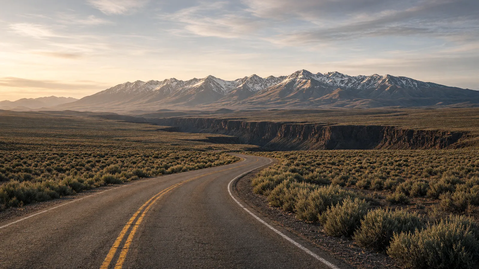 Empty high-desert two-lane toward the Rio Grande Gorge rim near Taos, Taos County, New Mexico
