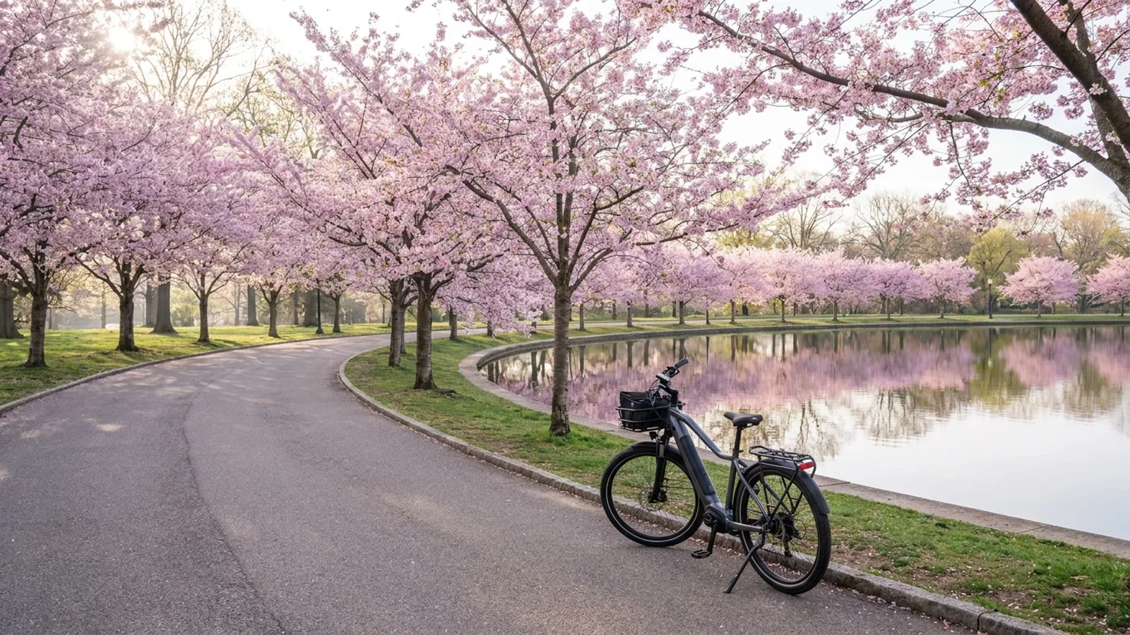 Electric bike on a paved park drive beneath cherry trees in full pink blossom beside a lake in Branch Brook Park, Newark New Jersey
