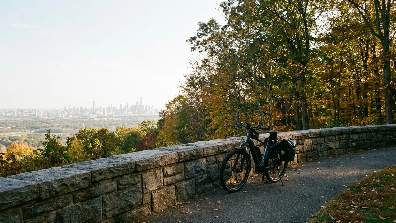Electric bike at a stone parapet on a wooded ridge overlook looking east across a hazy plain toward a distant city skyline