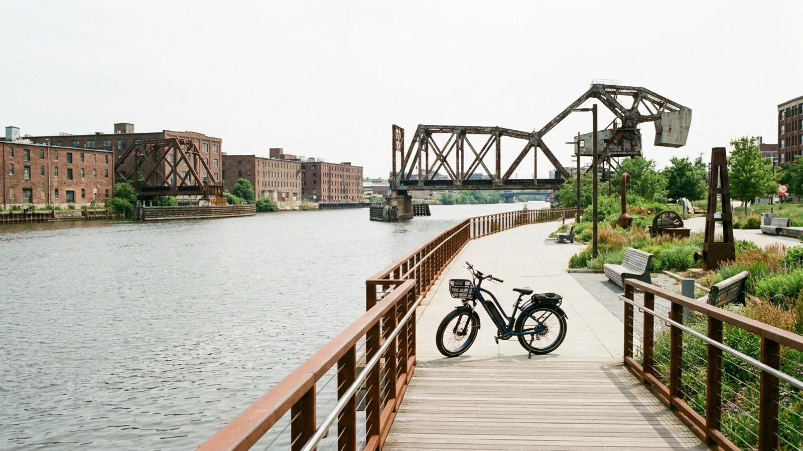 Electric bike on a paved riverfront promenade with steel railings and boardwalk decking beside a wide river with an old truss drawbridge beyond